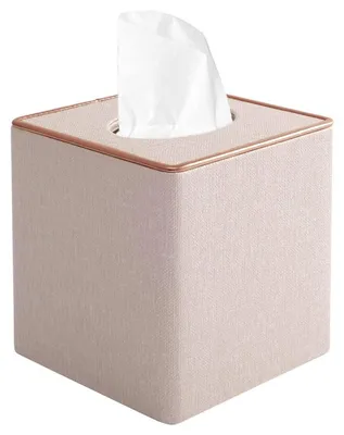 Image de Couvercle pour boîte de mouchoirs, en cuir PU, forme carrée, couleur beige, dimensions : 13,3 x 13,3 x 14,6 cm