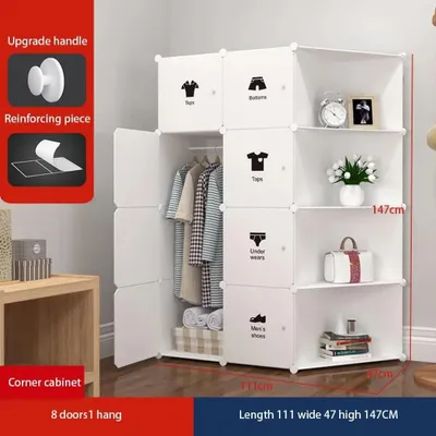 Immagine prodotto di Armadio modulare - Contenitore in plastica - 8 scomparti - Con ante - Porta appendiabiti - Pieghevole - Bianco 2