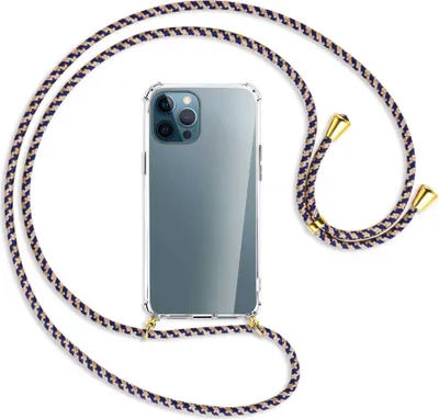 Produktbild von Handykette Backcover-Schutzhülle mit Band (Metall goldfarben) für Apple iPhone 12 Pro Max - blau+beige