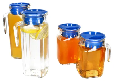 Produktbild von 4x KARO & KORA Kühlschrankkrug mit Deckel blau 1L & 0,5L Glas-Karaffe Kanne Saft