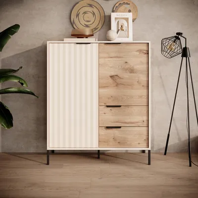 Productafbeelding van Zijtafel met twee deuren, 100 cm breed, Varo - Dressoir met lades en poten - Meubels van de fabrikant (beige + bruin)