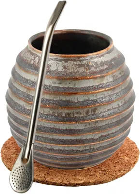 Produktbild von Mate Green Yerba Mate Tea Set - Ceramic Mate Mug Rustic Hematyt 400 ml - Stainless Steel Drinking Straw Bombilla 19 cm - Handmade Ceramic Calabash