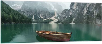 Produktbild von Bilder auf glas - Berge See Boot - 140x50cm - Glasbilder - Wandbilder - Kunstdruck - zum Aufhängen bereit - Wanddekoration aus Glas - Glas Bilder - Wandbild auf Glas - Einteilig - GAB140x50-3978
