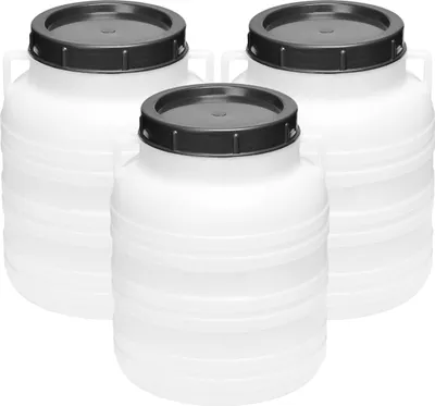 Three white plastic barrels with black lids are arranged in a group against a white background.