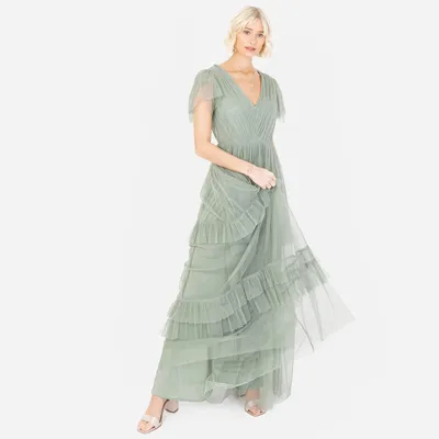 Produktbild von Anaya with Love Damen Short Sleeve Evening Ball Gown Tiered V Neck Bow Tie Bride