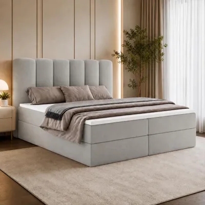 Produktbild von Boxspringbett NOLARO 180x200 cm Komplett-Set mit Bettkasten, Bonell-Matratze und Topper, Bouclé Hellgrau