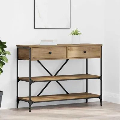 Zdjęcie produktu dla Konsola drewniana w kolorze brązowym, 100 x 34,5 x 75 cm, z 2 półkami, stolik pomocniczy do przedpokoju, salonu, stolik z metalową ramą
