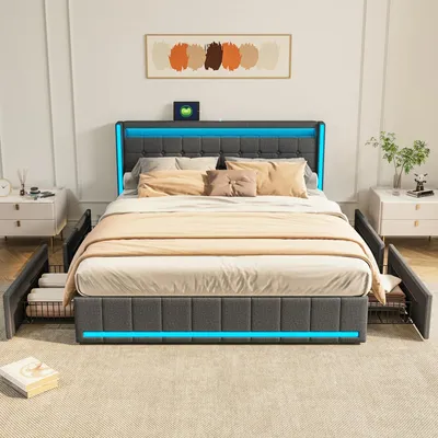 Image de Lit tapissier - Lit double 140x190 cm - Sommier à lattes - 4 tiroirs de rangement - Éclairage LED et port de charge USB - Revêtement en lin - Gris