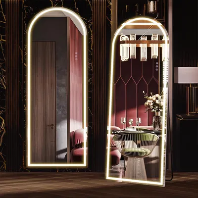 Image de Miroir de pleine longueur avec éclairage LED, dimensions 160x50 cm, forme bombée, variateur d'intensité, 3 couleurs, blanc