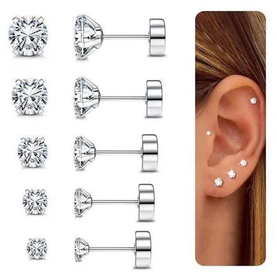 Immagine prodotto di Set di orecchini, 5 paia, acciaio inossidabile 316L, ipoallergenico, con zirconi cubici, per donna e uomo, con retro piatto, diametro da 2 a 6 mm