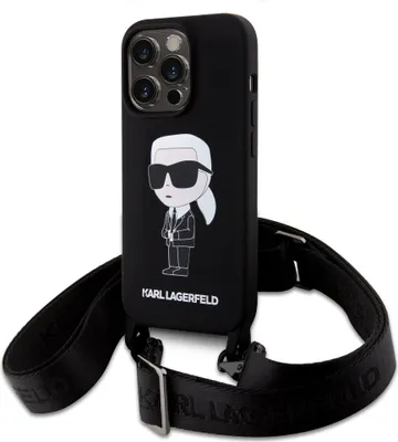 A black iPhone case with a Karl Lagerfeld graphic and a crossbody strap.