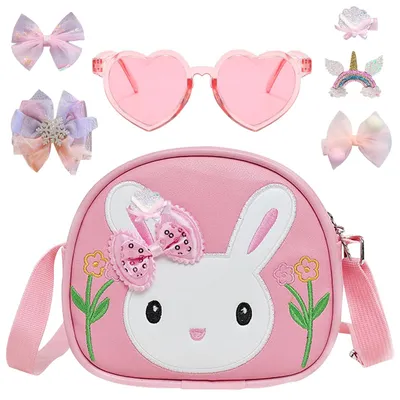 Immagine prodotto di Borsa a tracolla per bambine - Elegante borsa a forma di coniglio con occhiali da sole e fermagli per capelli
