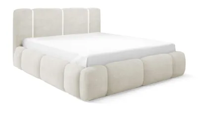 Image de Lit tapissier 180x200 Avelin avec éclairage LED, coffre de lit intégré - Revêtement bouclé, sommier métallique - Couleur crème