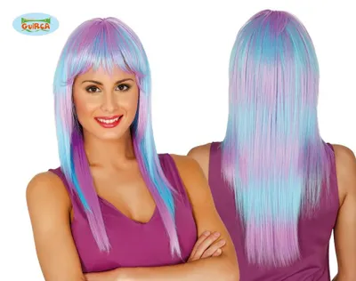 Produktbild von Lange Popstar Perücke in blau und lila für Damen