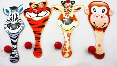 Image de 1 x jeu de balle à pagaie, raquette en bois avec balle attachée à un élastique, animaux de zoo, animaux sauvages, animaux de la jungle, zèbre, tigre, girafe, singe