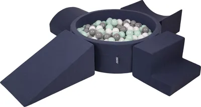 Produktbild von KiddyMoon spielplatz aus schaumstoff mit rund bällebad (300 bälle) ballgruben für babys spielbad hindernisläufen, hergestellt in der eu, dunkelblau:weiß/grau/minze
