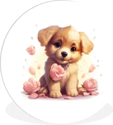 Produktbild von MuchoWow® Rundes Wandbild - Runde Bilder Hund - Blumen - Rosa - Mädchen - Kind Ø 90 cm Kreis Wanddekoration Kunststoff - Wandkreis - Wandschmuck - Wand-Kreis - Wohnzimmer - Bild - Runde - Wanddeko - Dibond - Kunstdrucke