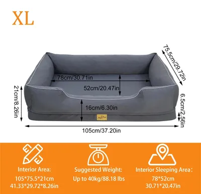 Produktbild von Orthopädisches Hundebett - Hundesofa - XL 105 x 75,5 x 21 cm - Schaumstoffbasis Mit Randpolstern - Abnehmbarer Maschinenwaschbarer Bezug - Atmungsaktiv - Dunkelgrau
