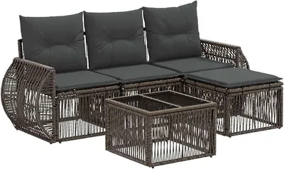 Image de Ensemble de canapé de jardin en résine tressée, 5 pièces, comprenant un ensemble lounge modulable avec une table, 3 fauteuils, un repose-pieds et des coussins. Ensemble de canapé d'extérieur pour jardin, terrasse, de couleur grise