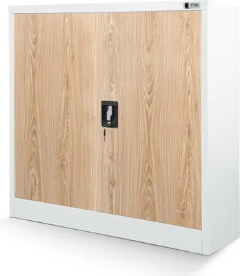 A white metal cabinet with wood-grain effect doors.