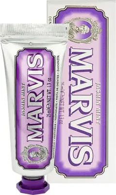 A tube of Marvis Jasmin Mint toothpaste and its packaging are shown against a white background.