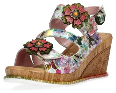 Produktbild von Laura Vita Damen Sandalette Leder mit Blumenmuster und Metallic Glanz Ballon 22, Größe:38 EU, Farbe:Beige