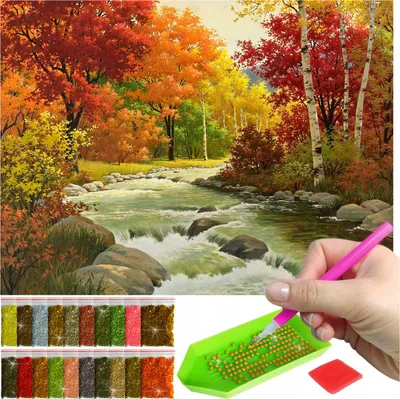 Produktbild von ARTULIO Diamond Painting Set - Herbstwald mit rauschendem Gebirgsbach - 30 x 40 cm - Diamant Painting, Home Wand Deko