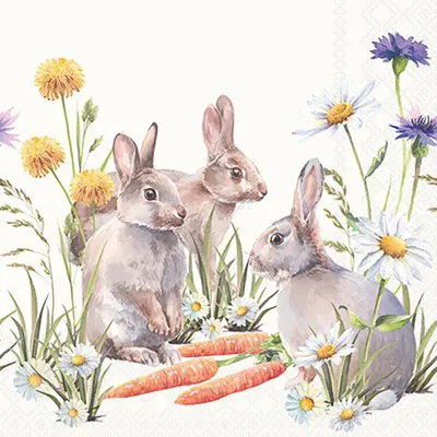 Produktbild von 20 kleine Cocktailservietten Carrot Treat - Hasen mit Möhren im Gras 25x25cm