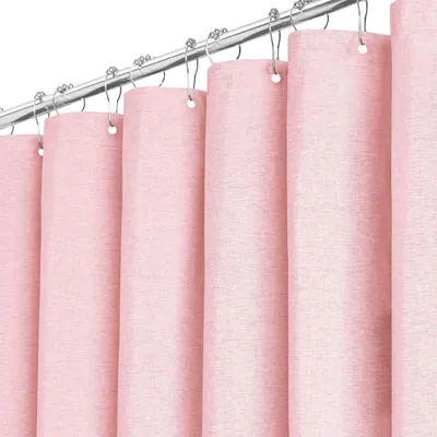 Image de Rideau de douche en tissu, 180 x 180 cm, aspect lin, résistant à la moisissure, imperméable, avec 12 crochets en plastique, lavable, rideau de douche en polyester lesté pour la salle de bains, rose