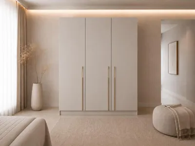 Produktbild von Kleiderschrank 3-türig Schrank Garderobe Schlafzimmer Drehtürenschrank mit goldenen Griffen - Schrank Glamy 3D 150 cm - Kaschmir, KI-generiertes Bild