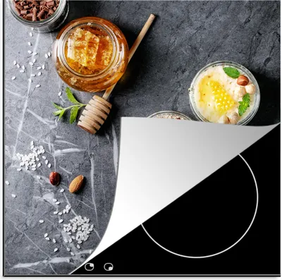 Obrázek produktu pro KitchenYeah® Deska na sporák med - koření - kuchyň - mramor, 78x78cm, dekorace do kuchyně, keramický kryt varné desky, krycí deska na varnou desku