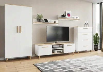 Produktbild von MATKAM Wohnzimmermöbel-Set Nord 2, 5-teilig, 1 x TV-Kommode, 1 x Wohnzimmerschrank, 1 Schuladekommode, 2 x Hängeregale (Weiß-Artisan Eiche)