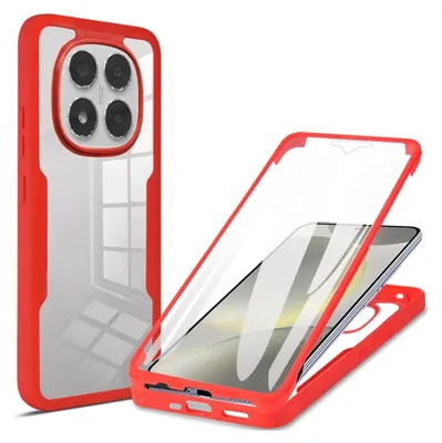 A red and transparent phone case is shown, with a phone inside the case in the foreground.