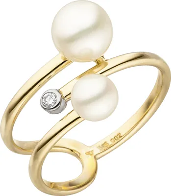 Produktbild von Gr. 50 Damen Ring 585 Gelbgold 2 Süßwasser Perlen 1 Diamant Brillant