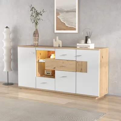 Immagine prodotto di Credenza Sweiko (con ripiani in vetro e illuminazione LED), credenza con 2 ante e 4 cassetti, 160 x 40 x 77 cm