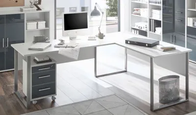 Produktbild von Eckschreibtisch "OFFICE LINE LUX" Winkelschreibtisch Schreibtisch Büro Lichtgrau Abs. Glas Graphit