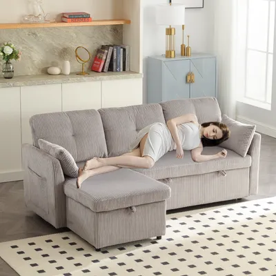 Image de LVHOM Canapé d'angle avec fonction sommeil en L, Canapé avec coffre de lit, Canapé de salon avec poche latérale, Canapé en velours, Canapé-lit, Ensemble canapé, 3 places