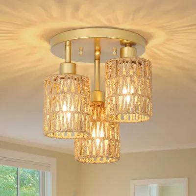 Immagine prodotto di Lampada a sospensione, stile boho, con 3 luci e paralume in rattan