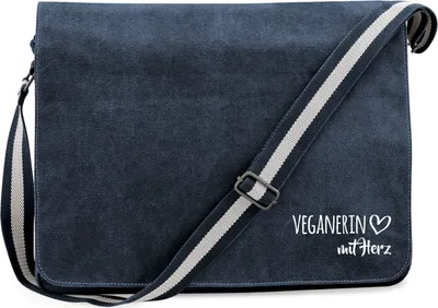 Produktbild von Huuraa Umhängetasche Veganierin mit Herz 14 Liter Vintage Navy Canvas Laptoptasche Geschenkidee