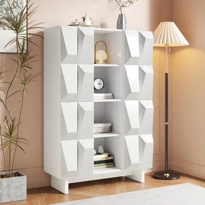Produktbild von okwish Vitrinenschrank mit 4 Türen, 12 Fächern, Sideboard viel Stauraum,Reliefstruktur für Wohnzimmer und Flur,Weiß