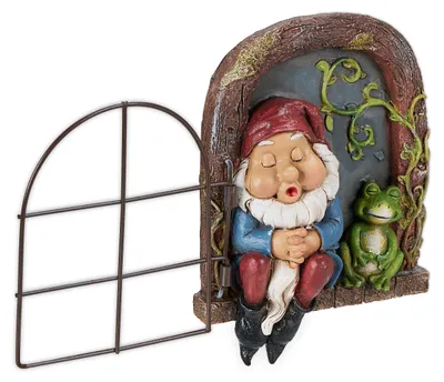 Produktbild von Relaxdays Zwerg mit Fenster, wetterfeste Gartendeko, Baumzwerg zum Aufhängen, HxBxT 17 x 12 x 4,5 cm, Kunststein, bunt