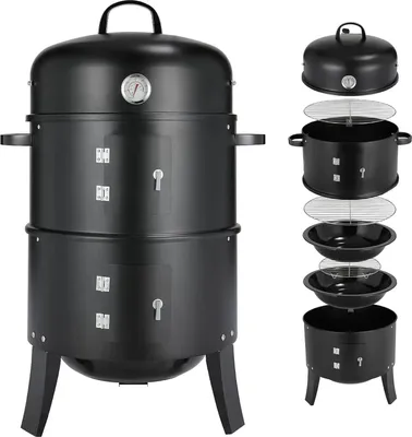 Produktbild von Smoker Räuchergrill 3‑in‑1 - Holzkohlegrill Wassersmoker - Mit Griffen - 2 Edelstahlroste - Integriertes Thermometer und Deckel - Pulverbeschichteter Stahl - Leicht zu reinigen