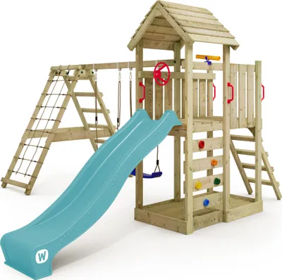 Produktbild von Spielturm Wickey RocketFlyer mit Schaukel und Kletteranbau in Türkisblau