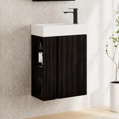 Produktbild von Waschtisch mit Unterschrank 50cm, Armatur Schwarz, Mineralguss NEVO Schwarz Eiche