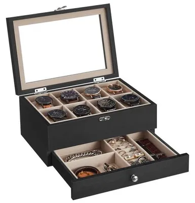 Productafbeelding van Horlogebox massief hout - 8 vakken - glazen deksel - sieradendoos - horlogedoos - stijlvolle presentatie - Sieradenbox
