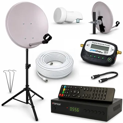 Produktbild von Camping SAT Anlage mit STATIV + HD RECEIVER und SAT-FINDER – 40cm SAT-Spiegel inkl. Single LNB, 10m Koaxialkabel - Mobile Satellitenanlage für Camping, Wohnmobil & Caravan – HD Full Sat Schüssel für unterwegs