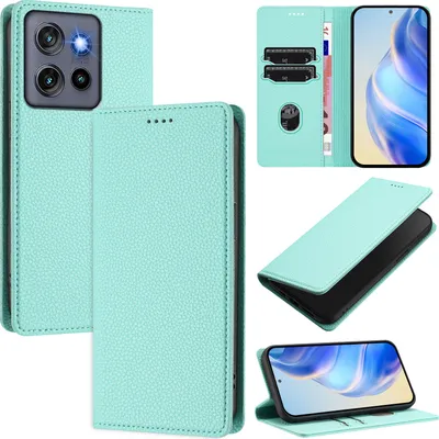 Produktbild von Litchi Leder Handyhülle für Motorola Edge 50 Neo Wallet Kartenfächer Standfunktion Hülle Türkis