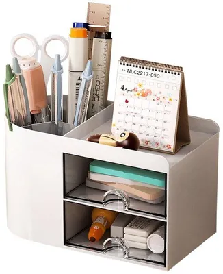 Productafbeelding van Ibenzoa® Bureauorganizer van kunststof, wit – 4 compartimenten en 2 transparante lades, 18 x 10 x 10,5 cm, geschikt voor kantoor, thuis en school