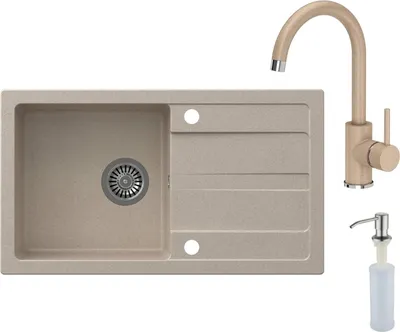 Produktbild von VBChome Spülbecken mit Armatur 77 x 44 cm Beige Einzelbecken Einbauspüle Abtroffläche Gesprenkelt Reversibel Granitspüle Siphon Spülmittelspender Armatur