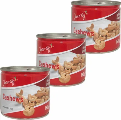 Produktbild von Jeden Tag Cashews pikant gewürzt Cashewkerne  3er Pack (3x150g Dose) + usy Block